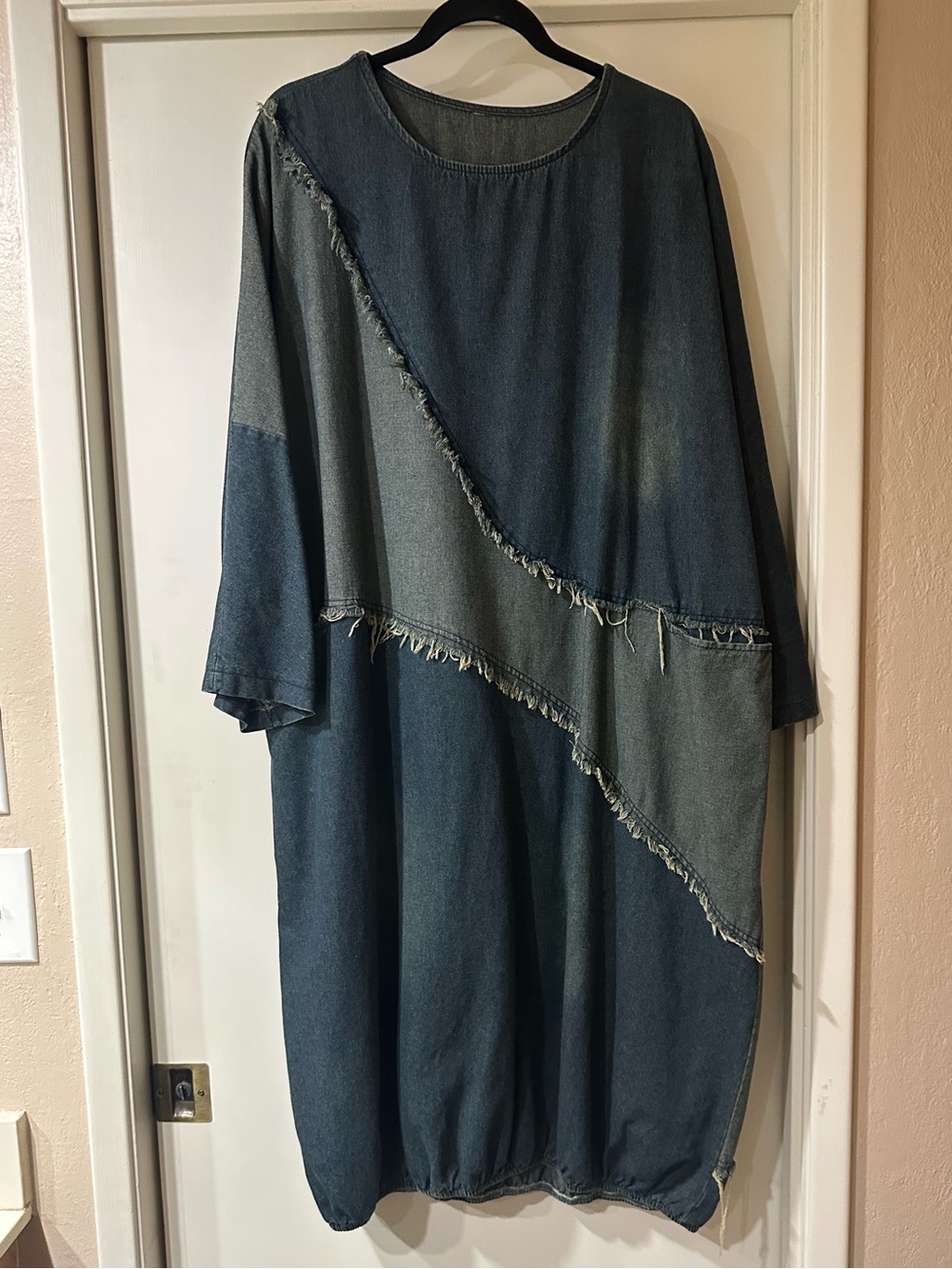 Relaxed Denim Dress With Elastic at hem - two-tone denim